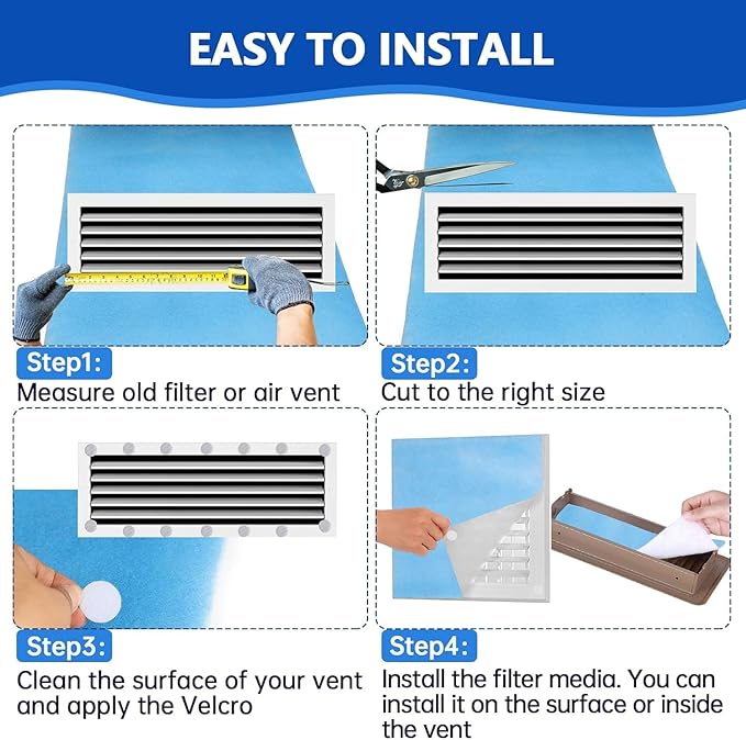 Air Vent Filters,20"x140"Cut to Fit Air Filter Material (120+Filters),MERV 8 Electrostatic Vent Filter for Home Floor Registers,RVand Wall HVAC Furnace,With 48PCs Adhesive Hook Tape