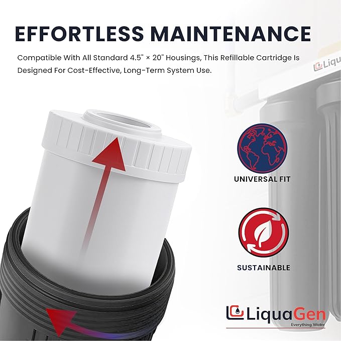 LiquaGen Activated Alumina + Carbon + KDF-55 Replacement Water Filter Cartridge – Helps Manage Fluoride, Chlorine & Taste, Refillable 2.5" x 10", 2.5" x 20", 4.5" x 10", 4.5" x 20" (4, 4.5" x 20")