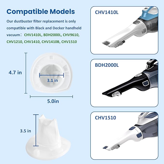 4 Pack Replacement Filter Compatible with Black & Decker Power Tools VF110 Dustbuster Cordless Vacuum CHV1410L CHV9610 CHV1210 CHV1510 CHV1410 CHV1410B BDH2000L Part 90558113-01