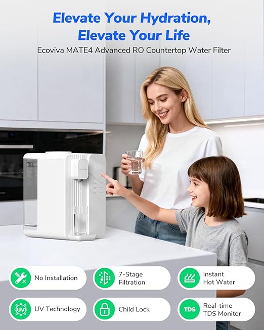 Ecoviva MATE4 Countertop Reverse Osmosis Water Filter with UV - 7-Stage Purification, Instant Hot Water (212°F), Real-Time TDS, 3:1 Pure to Drain, Desktop Water Purifier Ideal for Dormitory