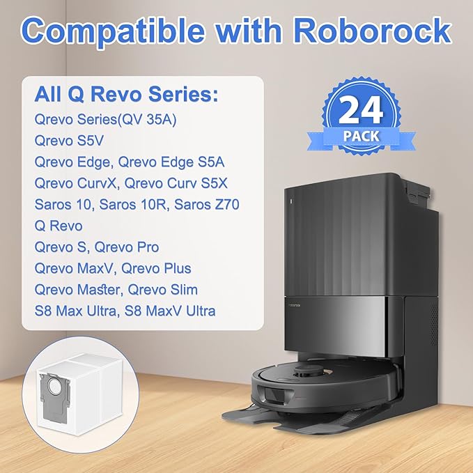 24 Packs Q Revo Dust Bags for Roborock QV 35A/Qrevo S5V/Saros 10/10R/Qrevo/Q RevoS/Qrevo Pro/Plus/MaxV/Master/Curv S5X/Edge S5A/S8 MaxV/S8 Max Ultra Robot Vacuum Cleaner, 3.5L Large Capacity