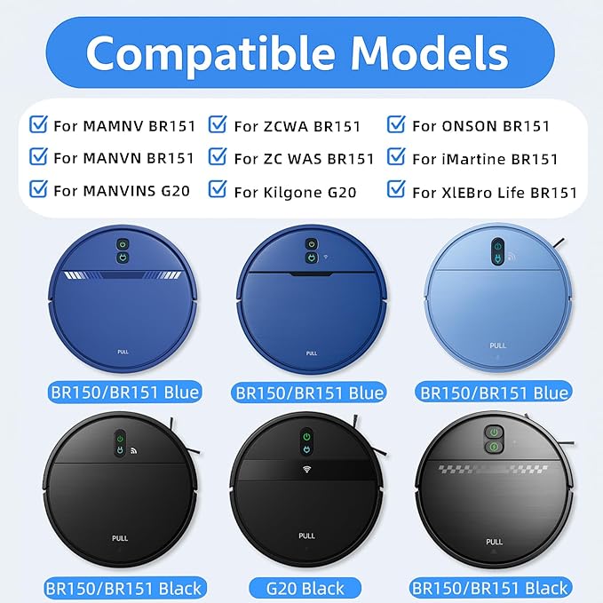 Replacement Parts for MAMNV BR151, for ZCWA BR151, for Kilgone G20, for MANVINS G20, for XIEBro Life BR151, for iMartine BR151, for ONSON BR151, for MANVN BR151,10 Side Brush, 6 HEPA Filter, 6 Mop Pad