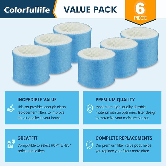 Colorfullife 6 Pack Premium Hac504 Humidifier Filters for Honeywell Humidifier HAC-504 HAC-504AW HAC504V1 HCM350 HCM-530 HCM-600 HCM-710 HEV-312, Upgraded Blue Pre-Filter Replacement Wicking Filter A