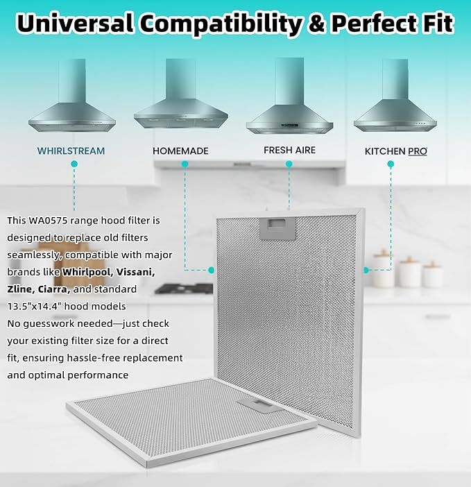 2 Pack WA0575 Range Hood Filters 13.5"x14.4"x0.35", 5-Layer Aluminum Mesh Grease Filter Replacement for Vissani 30" Pyramid/Wall Mount, Whirlpool, Zline, Ciarra & More