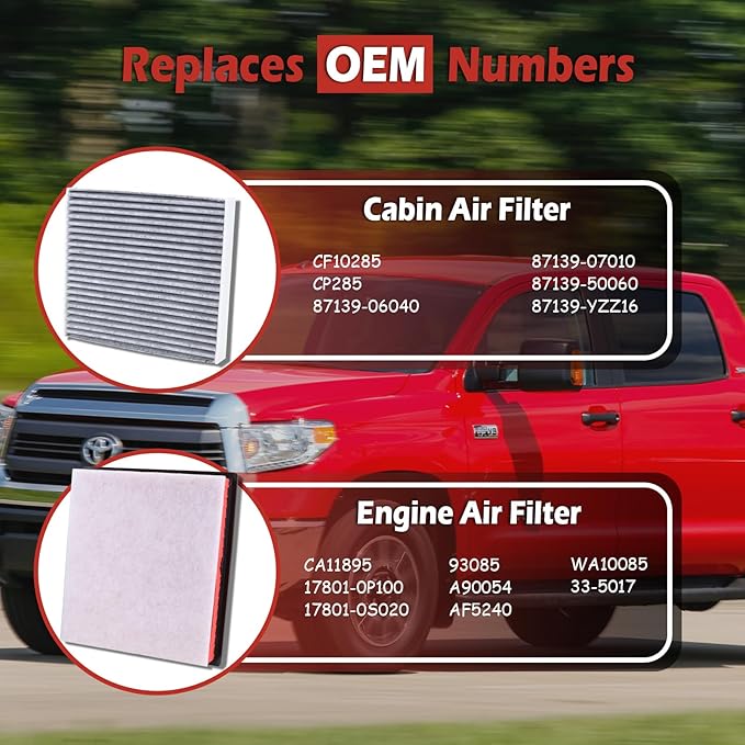 CA11895 Engine Air Filter and CF10285 Cabin Air Filter kit Compatible with 2014-2022 Toyota Sequoia 2013-2021 Tundra 5.7L 2013-2019 Tundra 4.6L 2013-2014 Tundra 4.0L Replaces 17801-0P100 87139-YZZ16