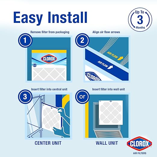 Clorox 16x20x1 Air Filter, MERV 11 Pleated HVAC AC Furnace Air Filters for Dust, Pollen and Pet Dander, MPR 1000 & FPR 7 – Pack of 4