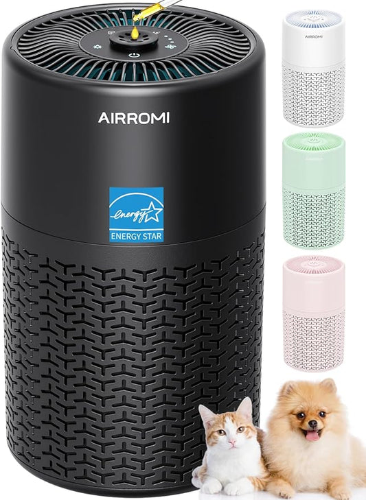 AIRROMI Pets Air Purifier for Home Allergies,Up to 660 ft².HEPA Deodorizing Activated Carbon Filter,With Fragrance Sponge for Better Sleep,Night Light,Pet Dander,Smoke,Odors,Air Cleaner A2002 Black
