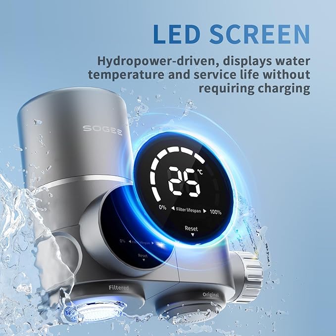 Faucet Water Filter, LED Display Faucet Top Water Filter with Real-Time Filter Life Indicator 99.9% Filtration, NSF42 Remove Chlorine,Odors & Heavy Metals, 1*Filter, LJ206