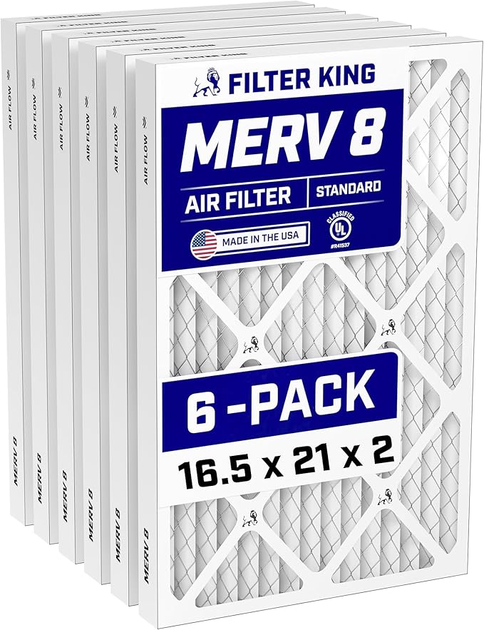 Filter King 16.5x21x2 Air Filter (MERV 8) (6-Pack) Dust & Allergy Control AC Furnace Filters, MADE IN USA, HVAC, Pleated, Electrostatic (Actual Size: 16.5 x 21 x 1.75)