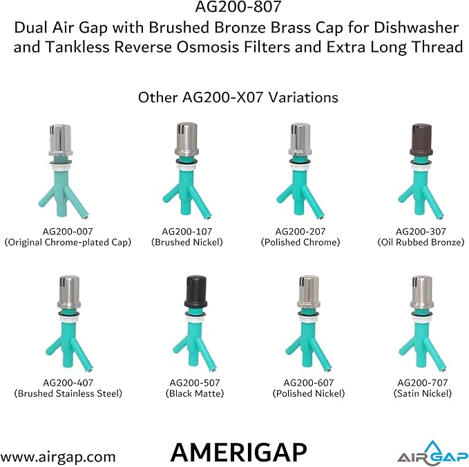 Dual Air Gap with Brushed Bronze Brass Cap for Dishwasher and Tankless Reverse Osmosis Filter and Extra Long Thread (AG200-807, AG200-X07, AMERIGAP)