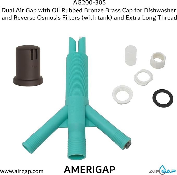Dual Air Gap with Oil Rubbed Bronze Brass Cap for Dishwasher and Reverse Osmosis Filters (with tank) and Extra Long Thread (AG200-305, AG200-X05, AMERIGAP)