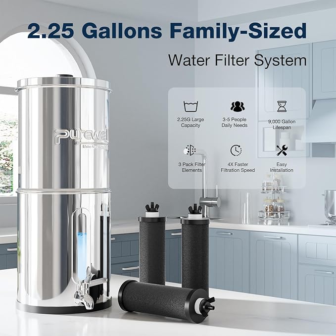 Purewell 2.25G Gravity-fed Water Filter System with 3 Filters, 3-Stage Ultra-Filtration Stainless Steel Countertop System with Water Level Window, Reduce 99% Chlorine, 9,000G Filter Capacity, PW-KS-3C