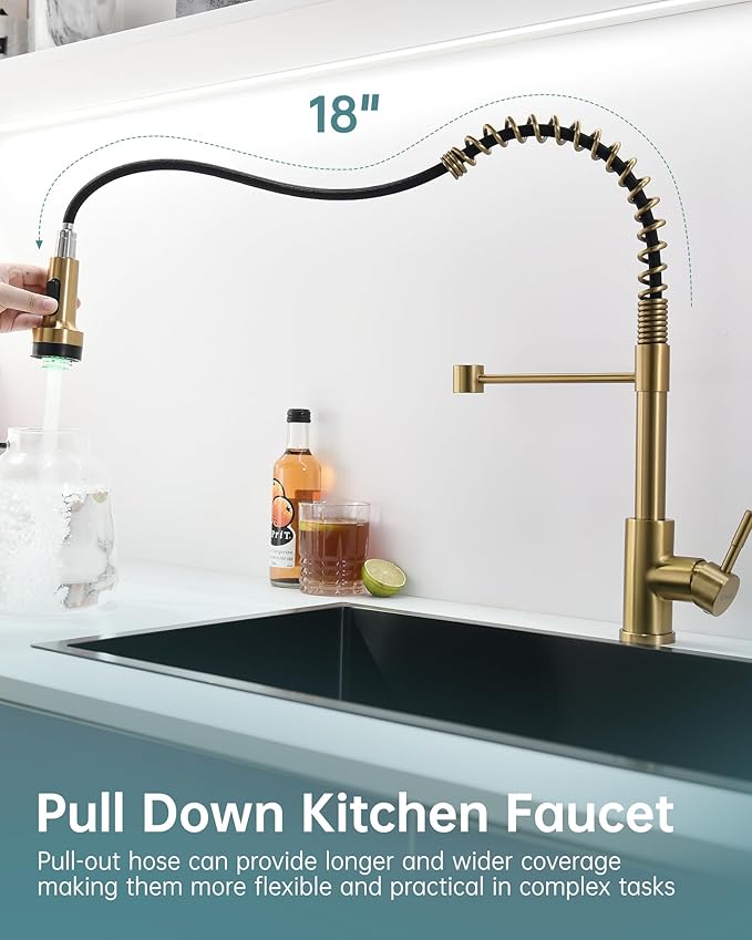 GIMILI Gold LED Kitchen Faucet with Soap Dispenser, Modern Single Handle Spring Kitchen Sink Faucets with Pull Down Sprayer