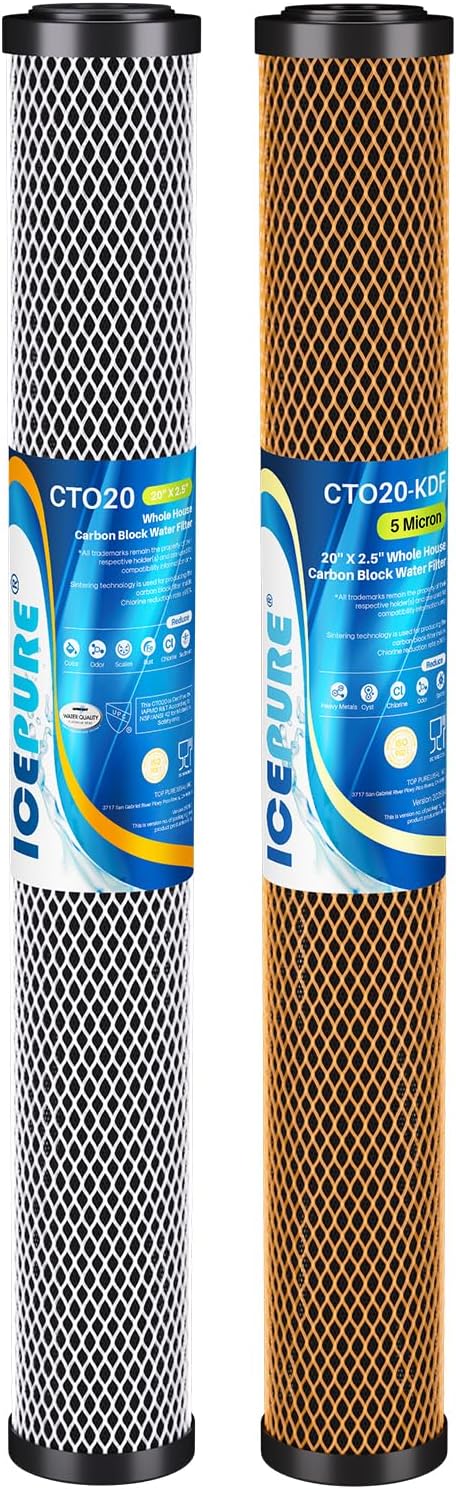 ICEPURE 20" x 2.5" Whole House CTO Carbon Water Filter Cartridge, 2-Stage Activated Carbon Block and KDF Heavy Metal Removal Filter Combo Kit Replacement for 20 Inch Water Filter System