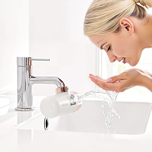 VEVOR Skincare Water Filter, Faucet Mount Water Filters with Micro-Nano Bubble for Skin, Sink Tap Purifier, Removes Chlorine with 1 Filter, for Kitchen and Bathroom Faucets, White + Gold
