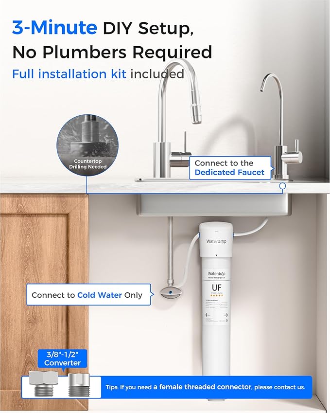 Waterdrop 17UBW-UF 0.01 μm Ultra Filtration Under Sink Water Filter System, Reduces Lead, Chlorine, Bad Taste & Odor, 3 Years, with Dedicated Brushed Nickel Faucet, USA Tech
