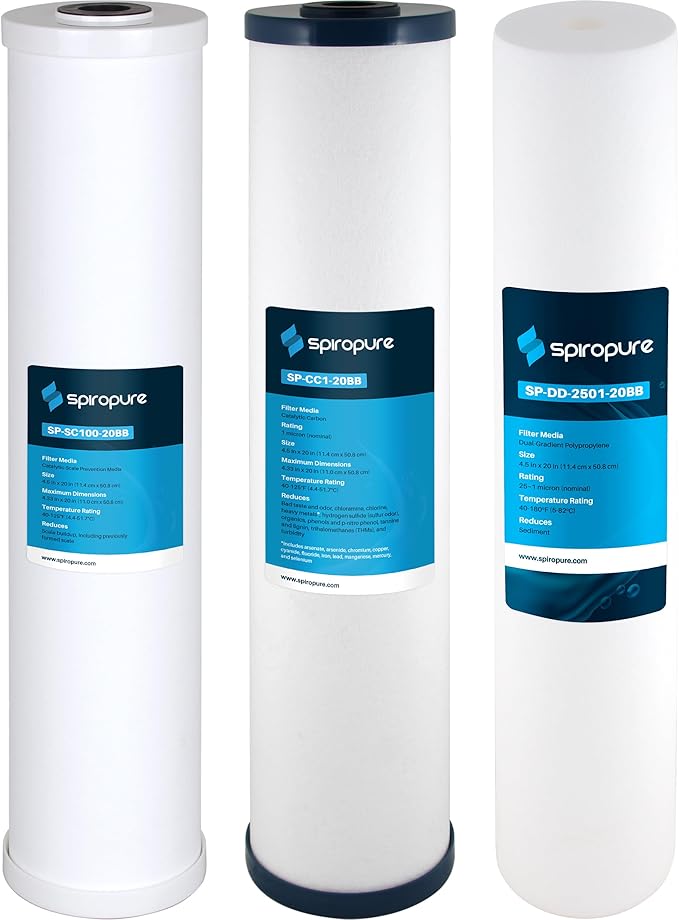 SpiroPure SP-WH325 3-Stage Whole House Water Filter Replacement for SP-WH300 Sediment Carbon Descaler, Chlorine Reduction, Salt Free Water Softener, City or Well Water