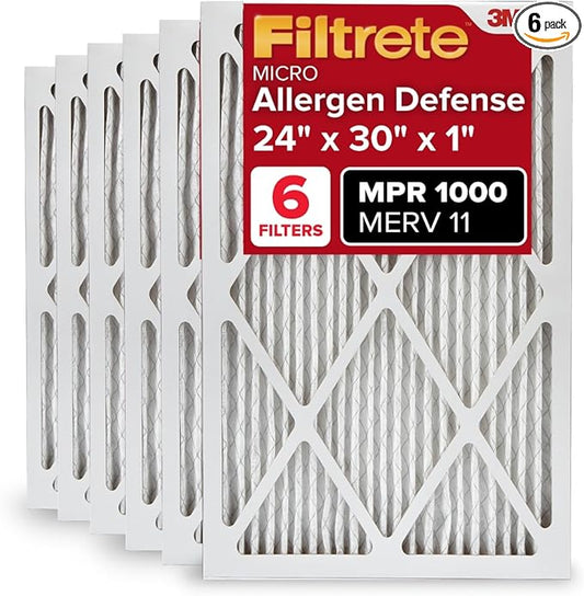 Filtrete 24x30x1 AC Furnace Air Filter, MERV 11, MPR 1000, Micro Allergen Defense, 3-Month Pleated 1-Inch Electrostatic Air Cleaning Filter, 6 Pack (Actual Size 23.81x29.81x0.81 in)