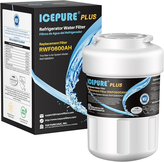 ICEPURE RWF0600AH Refrigerator water filter Replacement for GE MWF, MWFP, MWFA, MWFAP, MWFINT, GWF, GWF01, GWF06, GWFA, HWF, HWFA, FMG-1 Refrigerator Water Filter 1PACK（Package may vary)