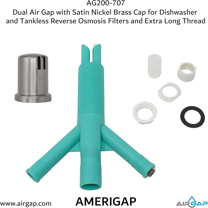 Dual Air Gap with Satin Nickel Brass Cap for Dishwasher and Tankless Reverse Osmosis Filter and Extra Long Thread (AG200-707, AG200-X07, AMERIGAP)