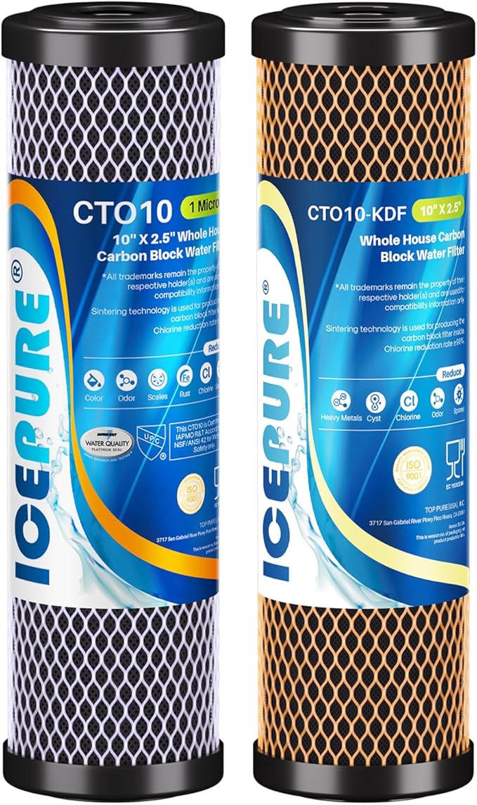 ICEPURE 2-Stage 1 Micron 2.5" x 10" Whole House Water Filter Cartridge Kit with Activated Carbon Block Filter and KDF, Replacement for WFPFC8002, WFPFC9001, SCWH-5, WHCF-WHWC, FXWTC, CBC-10, 1 Combo