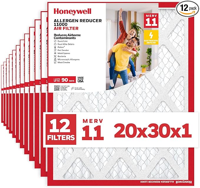 Honeywell 20x30x1 MERV 11 Allergen Reducer 11000 Electrostatic Pleated HVAC AC Furnace Air Filter (12-Pack) | Replacement Filter for Home Use | Made in USA