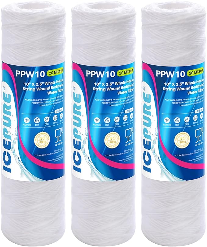 ICEPURE 20 Micron 10" x 2.5" Whole House String Wound Sediment Water Filter for Well filter Replacement for Aqua-Pure AP110, WP-5, Culligan P5, CFS110, CW-MF, WFPFC4002, Any 10 inch RO Unit, 3PACK