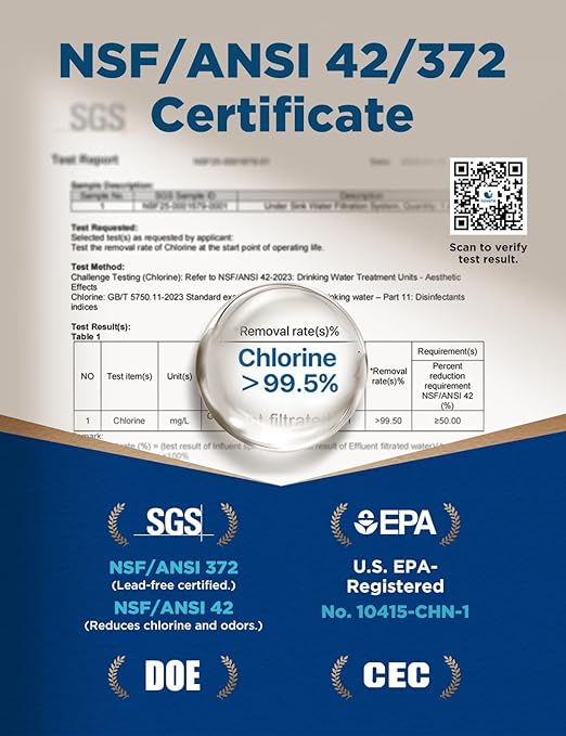 NOVETE Under Sink Water Filter, 3-Years, 30000 Gallons, Reduce 99.5% Chlorine, PFAS, Bad Taste, NSF/ANSI 42/372, Water Filtration System with Stainless Faucet, USA Tech, Do Not Reduce TDS, UWF0A-KPC