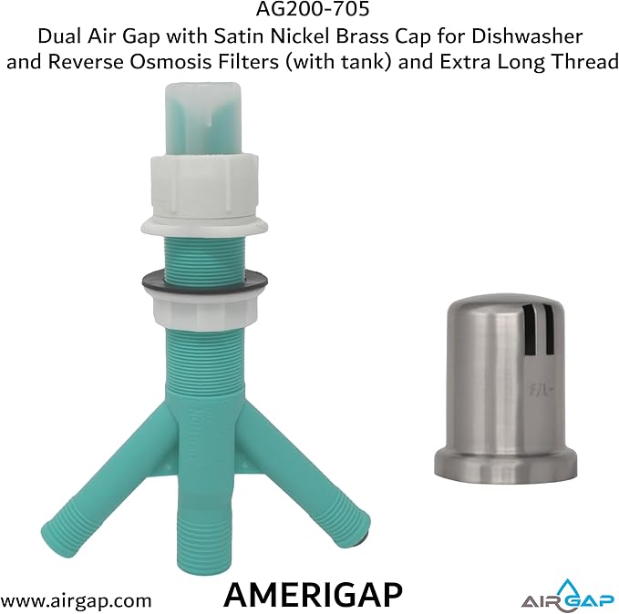Dual Air Gap with Satin Nickel Brass Cap for Dishwasher and Reverse Osmosis Filters (with tank) and Extra Long Thread (AG200-705, AG200-X05, AMERIGAP)