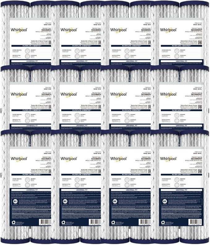 Whirlpool 10" x 2.5" Whole House Sediment Water Filters, WHKF-WHPL Pleated Filter, 20 Micron, NSF Certified Reduces Sand, Soil, Silt & Rust for Standard Filter Housings, 24-Pack