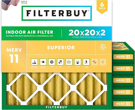 Filterbuy 20x20x2 Air Filter MERV 11 Superior Pet & Allergy Defense (6-Pack), Electrostatic Pleated HVAC AC Furnace Filters Replacement (Actual Size: 19.50 x 19.50 x 1.75)