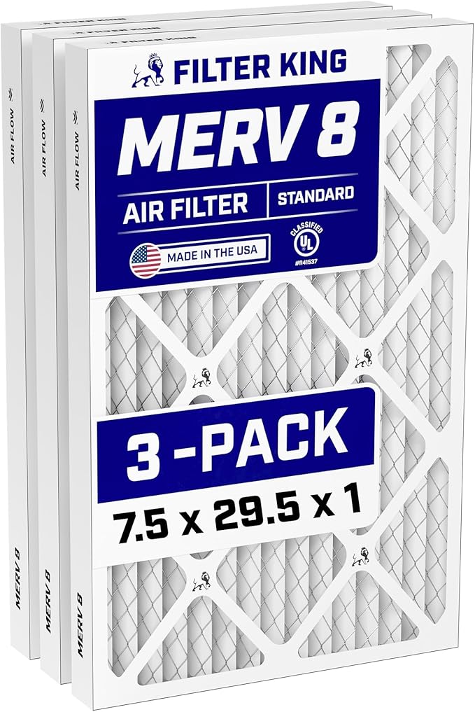 Filter King 7.5x29.5x1 Air Filter (MERV 8) (3-Pack) Dust & Allergy Control AC Furnace Filters, MADE IN USA, HVAC, Pleated, Electrostatic (Actual Size: 7.5 x 29.5 x .75)