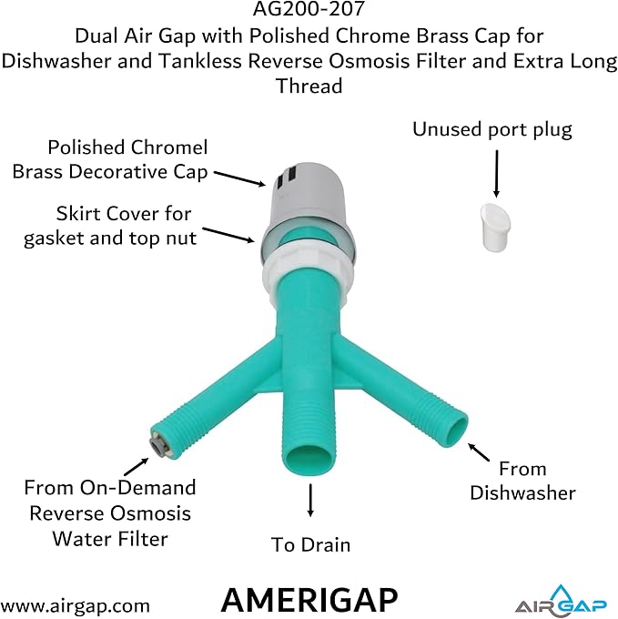 Dual Air Gap with Polished Chrome Brass Cap for Dishwasher and Tankless Reverse Osmosis Filter and Extra Long Thread (AG200-207, AG200-X07, AMERIGAP)