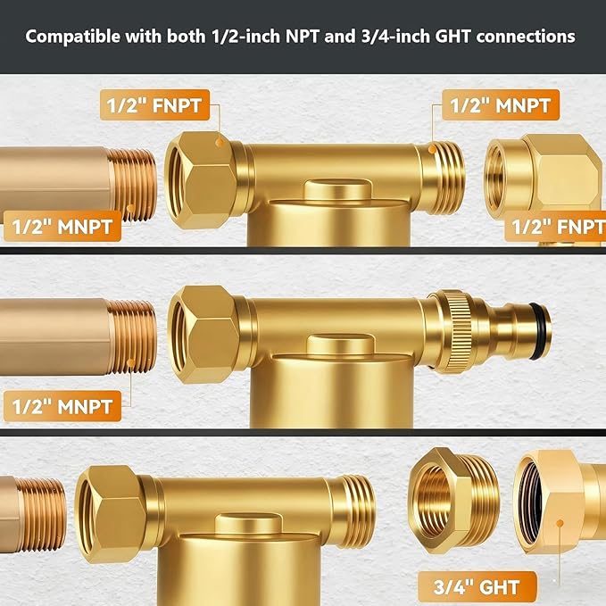 40 Micron Reusable Brass Inline Sediment Filter - Universal Fit for Washing Machine, Shower, Garden Hose & Well Water - Anti-Clogging Design with Pipe Sealant Tape