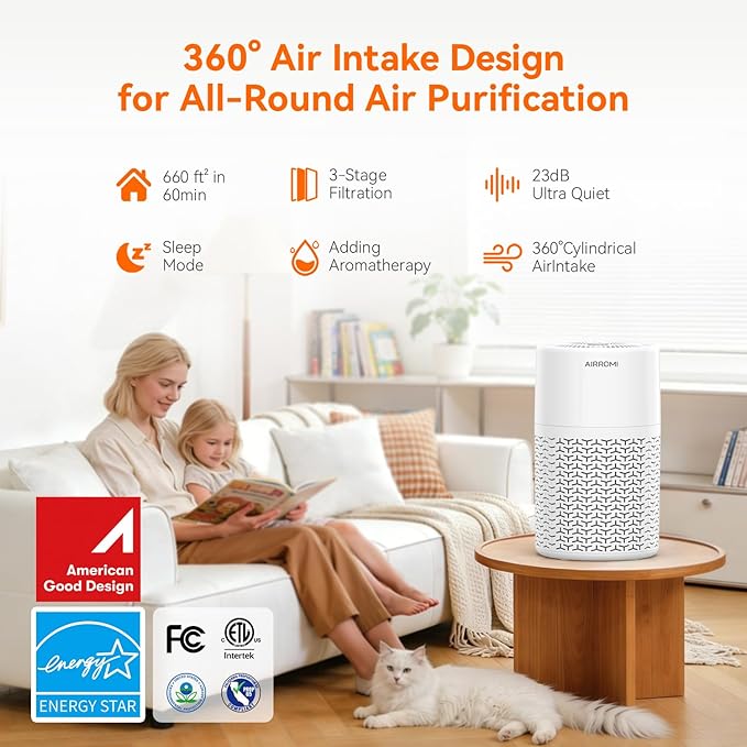 AIRROMI Pets Air Purifier for Home Allergies,Up to 660 ft². HEPA Deodorizing Activated Carbon Filter,With Fragrance Sponge for Better Sleep,Night Light,Pet Dander,Smoke,Odors,Air Cleaner A2002 White