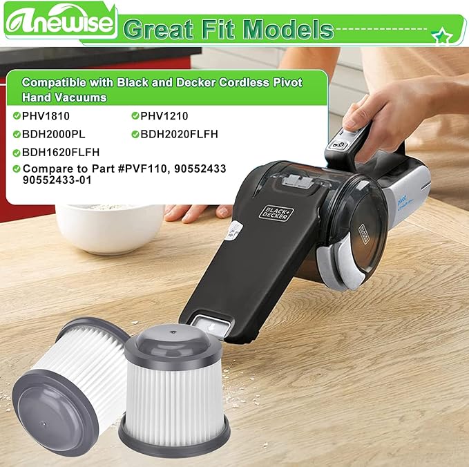 PVF110 Filter Replacement for Black and Decker Pivot Vac PHV1810 BDH2000PL PHV1210 PHV1410 BDH2020FLFH BDH1620FLFH Handheld Vacuum, Part # PVF110, 4 Pack PVF110 HEPA Filter