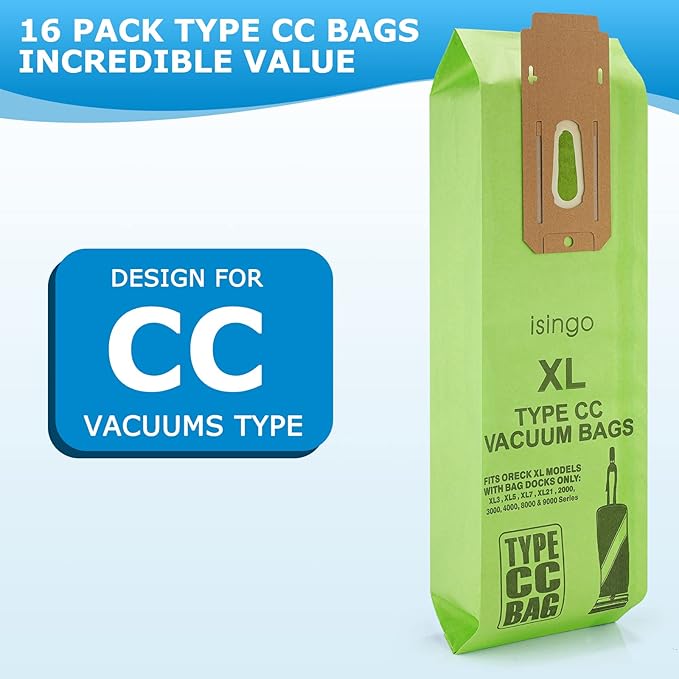 16 Pack Vacuum Bags Replacement for Oreck Type CC, Fit all Orеck XL Upright Vacuum Cleaner, XL XL2 XL7 XL21, Replaces Part #CCPK8, CCPK8DW, Green
