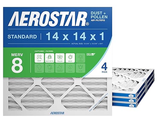 Aerostar 14x14x1 MERV 8 Air Filter, 4 Count, ACTUAL SIZE (13.75 x 13.75 x 0.75), HVAC, Air Conditioning & Furnace Filter Captures Dust, Lint & Pollen (MPR 600 / FPR 5), Made in USA