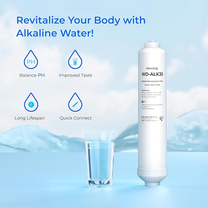 Waterdrop ALK35 𝐀𝐥𝐤𝐚𝐥𝐢𝐧𝐞 Water Filter, Alkaline Filter for Reverse Osmosis System, pH Balance and Restore Minerals for RO Filter, Under Sink Water Filter, 1/4" Quick Connect