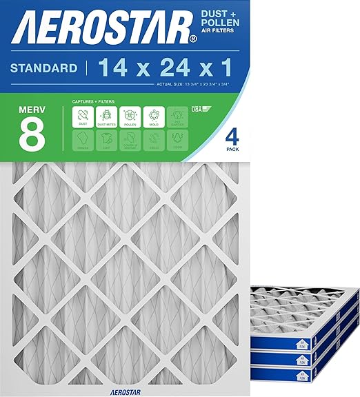 Aerostar 14x24x1 MERV 8 Air Filter, 4 Count, ACTUAL SIZE (13.50 x 23.50 x 0.75), HVAC, Air Conditioning & Furnace Filter Captures Dust, Lint & Pollen (MPR 600 / FPR 5), Made in USA