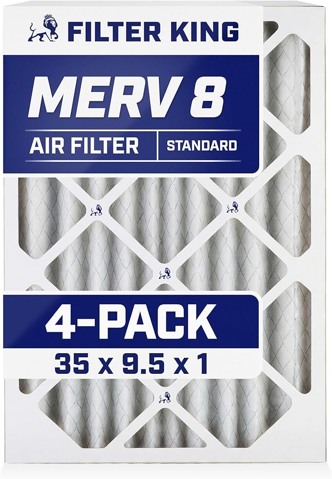 Filter King 35x9.5x1 Air Filter (MERV 8) (4-Pack) Dust & Allergy Control AC Furnace Filters, MADE IN USA, HVAC, Pleated, Electrostatic (Actual Size: 35 x 9.5 x .75)