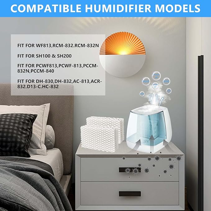 8 Pack Wf813 Eqwf813 Humidifier Filters Compatible with Equate Eqwf813 Eq-2119-Ul Relion RCM-832 RCM-832N ProCare PCCM-832N Cool Mist Humidifier Replacement Filter, White
