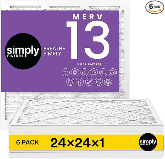 Simply 24x24x1 Air Filter, MERV 13, 6 Pack, For Home AC Furnace & HVAC (Actual Size: 23.75"x23.75"x0.75") DUST, Pet, & Allergy Control
