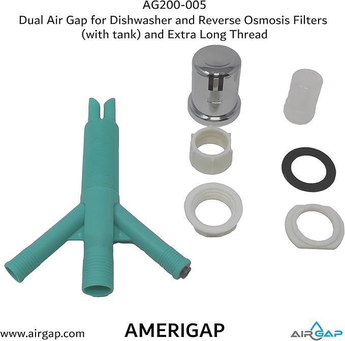 Dual Air Gap for Dishwasher and Reverse Osmosis Filters (with tank) and Extra Long Thread (AG200-005, AG200-002, T52 RO KIT, AMERIGAP)