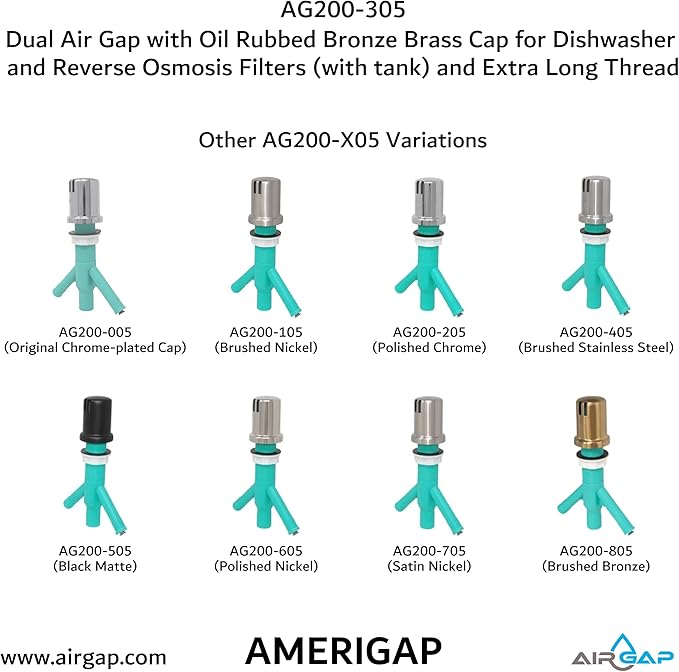 Dual Air Gap with Oil Rubbed Bronze Brass Cap for Dishwasher and Reverse Osmosis Filters (with tank) and Extra Long Thread (AG200-305, AG200-X05, AMERIGAP)