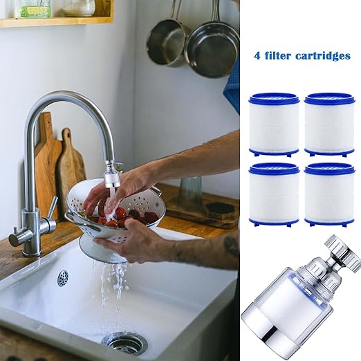 360 Rotating Faucet Water Purifier, Chlorine Reduction, Removes Fluoride, Heavy Metals, Softens Hard Water, Easy Installation, 4 Replacement Elements