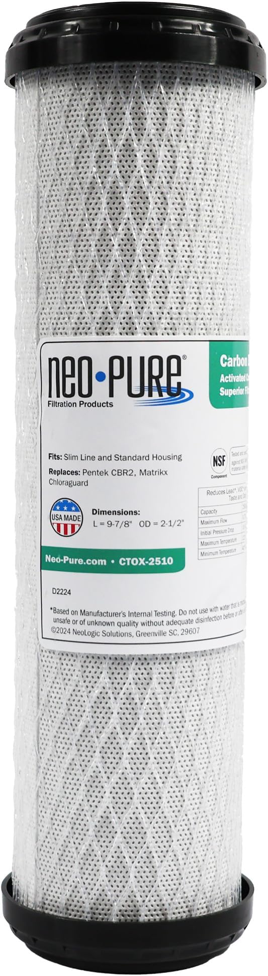 The Neo-Pure CTOX-2510 Carbon Block Filter, made with premium coconut shell carbon, ensures advanced filtration for residential, food service, and commercial water systems.