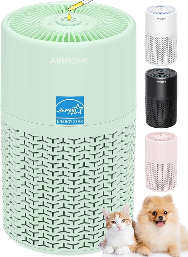 AIRROMI Pets Air Purifier for Home Allergies,Up to 660 ft². HEPA Deodorizing Activated Carbon Filter,With Fragrance Sponge for Better Sleep,Night Light,Pet Dander,Smoke,Odors,Air Cleaner A2002 Green