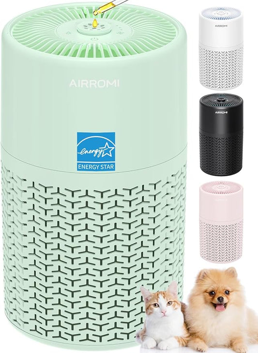 AIRROMI Pets Air Purifier for Home Allergies,Up to 660 ft². HEPA Deodorizing Activated Carbon Filter,With Fragrance Sponge for Better Sleep,Night Light,Pet Dander,Smoke,Odors,Air Cleaner A2002 Green