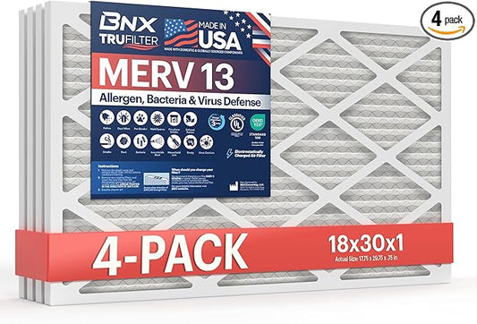 BNX TruFilter 18x30x1 Air Filter MERV 13 (4-Pack) - MADE IN USA - Electrostatic Pleated Air Conditioner HVAC AC Furnace Filters for Allergies, Pollen, Mold, Bacteria, Smoke, Allergen, MPR 1900 FPR 10